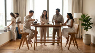 Wooden counter table with bar stools and guests enjoying coffee in a bright Singapore living and dining area