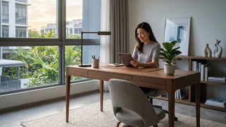 Woman using a tablet at a wooden desk table in a bright Singapore condo home office with large windows and greenery.
