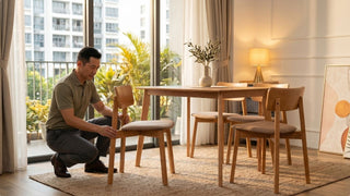Man adjusting a wooden dining chair beside a dining table in a Singapore condo