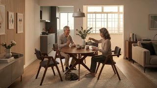 Senior couple enjoying tea at a wooden dining table with armrest chairs in a cosy Singapore dining and living area