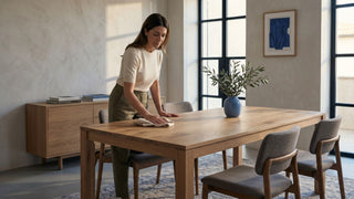 Woman cleaning a wooden dining table in a bright Singapore home to prevent mould and moisture damage.