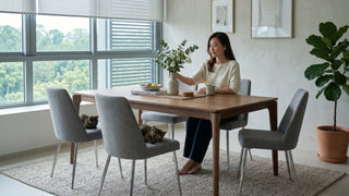 Wooden dining table in a calm Singapore family dining area with upholstered chairs and natural daylight