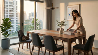 Woman arranging books on a wooden dining table with grey upholstered chairs in a bright condo dining room.