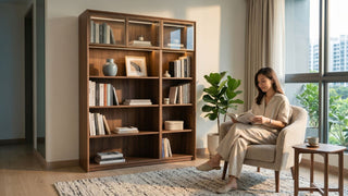 Woman reading beside a wooden glass-door book cabinet in a bright Singapore living room.