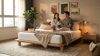 Couple reading on a wooden Japanese bed frame in a warm modern Singapore bedroom