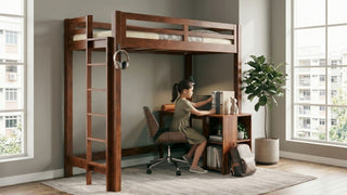 Child using a wooden kids loft bed with built-in study desk and ladder in a compact Singapore HDB bedroom