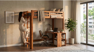 Wooden loft bed with ladder and study desk in a cosy HDB bedroom with balcony and natural light