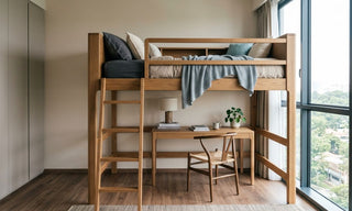 Wooden queen loft bed with study desk underneath in a modern Singapore condo bedroom