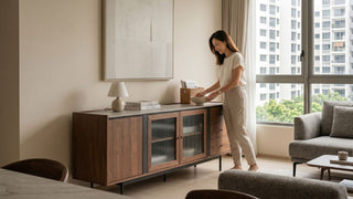 Wooden sideboard storage unit in a modern Singapore living room with clear walkway space