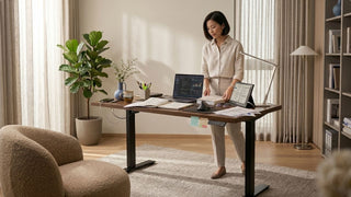 Woman using a wooden sit-stand desk in a warm Singapore home office with laptop, tablet, and task lamp