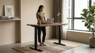 Woman working at a wooden standing desk in a modern Singapore home office with black metal frame and window view