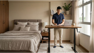 Man writing at a wooden standing desk in a Singapore bedroom work-from-home setup with laptop and natural light