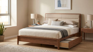 Wooden storage bed frame with open drawer in a warm Singapore bedroom with neutral bedding and bedside tables.