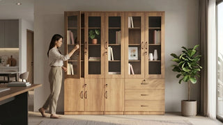 Woman opening a wooden bookcase with glass doors in a modern Singapore living room