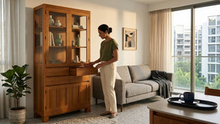 Woman opening a wooden storage shelf drawer beside a grey sofa in a warm modern Singapore living room