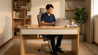 Man using laptop at a wooden study desk with built-in shelving in a warm home office