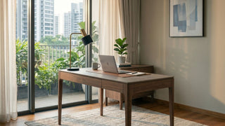 Wooden study desk beside balcony window in a Singapore condo home office setup
