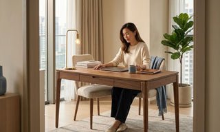 Woman using a wooden study table in a bright Singapore home office with warm lighting and indoor plants.