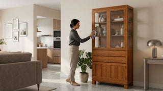 Woman cleaning a wooden tempered glass display cabinet in a modern Singapore home