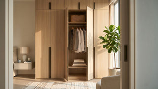 Wooden wardrobe with open doors in a bright Singapore bedroom showing organised hanging clothes and folded storage