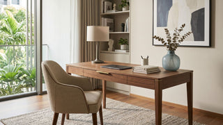 Wooden work desk with upholstered chair in a bright Singapore home office beside a balcony window