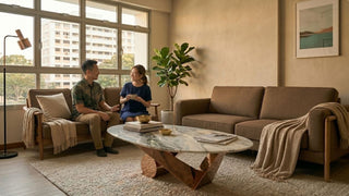 Warm Yang's Inspiration living room with brown sofa, marble coffee table and Singaporean couple