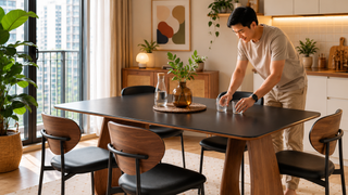 Young family gathered around a dining table in a Singapore home