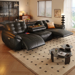 Brown leather power sofa with flip-down table in a living room
