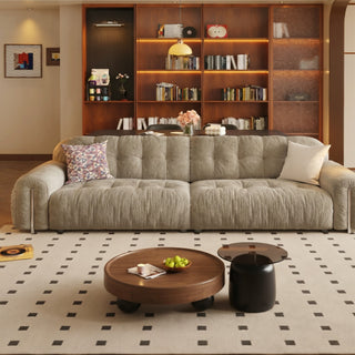 Taupe chenille cloud sofa in a living room