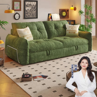 Moss-green chenille sofa bed in a living room