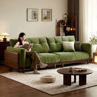 Vintage-green chenille sofa in a walnut rubberwood frame