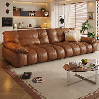 Caramel leather sofa in a living room
