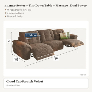 3.11m 3-Seater + Flip-Down Table + Massage · Dual Power