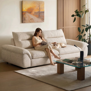 Oatmeal fabric sofa in a living room