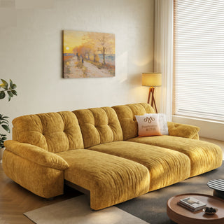 Mustard cat-scratch velvet power sofa bed in a living room