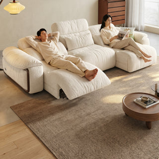 Cream lamb-fleece power sofa bed in a living room