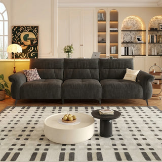Black chenille power recliner sofa in a living room
