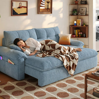 Blue lamb-fleece power sofa bed in a living room