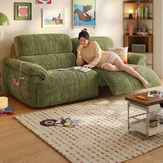 Green lamb-fleece power recliner sofa in a living room