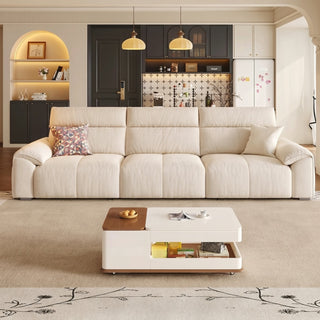 Cream cat-scratch fabric power sofa bed in a living room