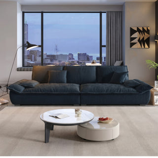 Navy chenille sofa in a living room