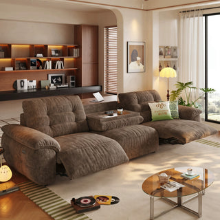 Brown velvet power recliner sofa in a living room