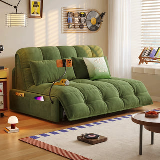 Moss-green chenille power sofa bed in a living room