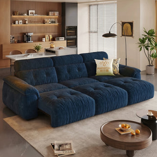 Navy chenille power sofa bed in a living room