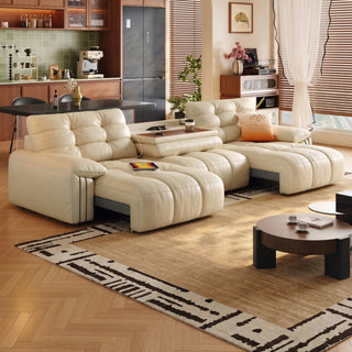 Cream leather power sofa in a living room