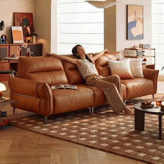 Tan leather sofa in a living room