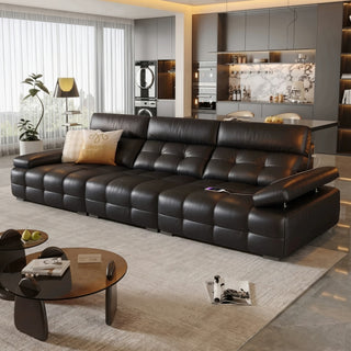 Black leather sofa in a living room