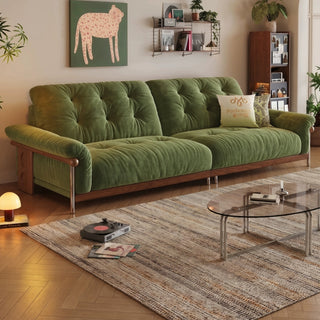 Moss-green chenille sofa in a living room