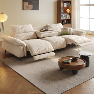 Cream cat-scratch velvet power sofa in a living room
