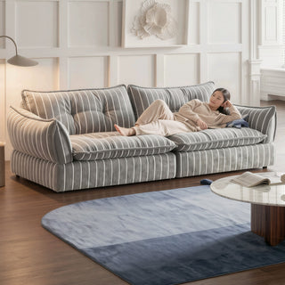 Striped chenille sofa in a living room